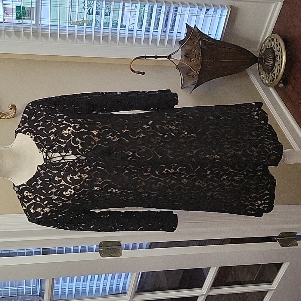 Xhilaration black lace dress nude lined 3/4 slv laceup neckline tassel tie L EUC